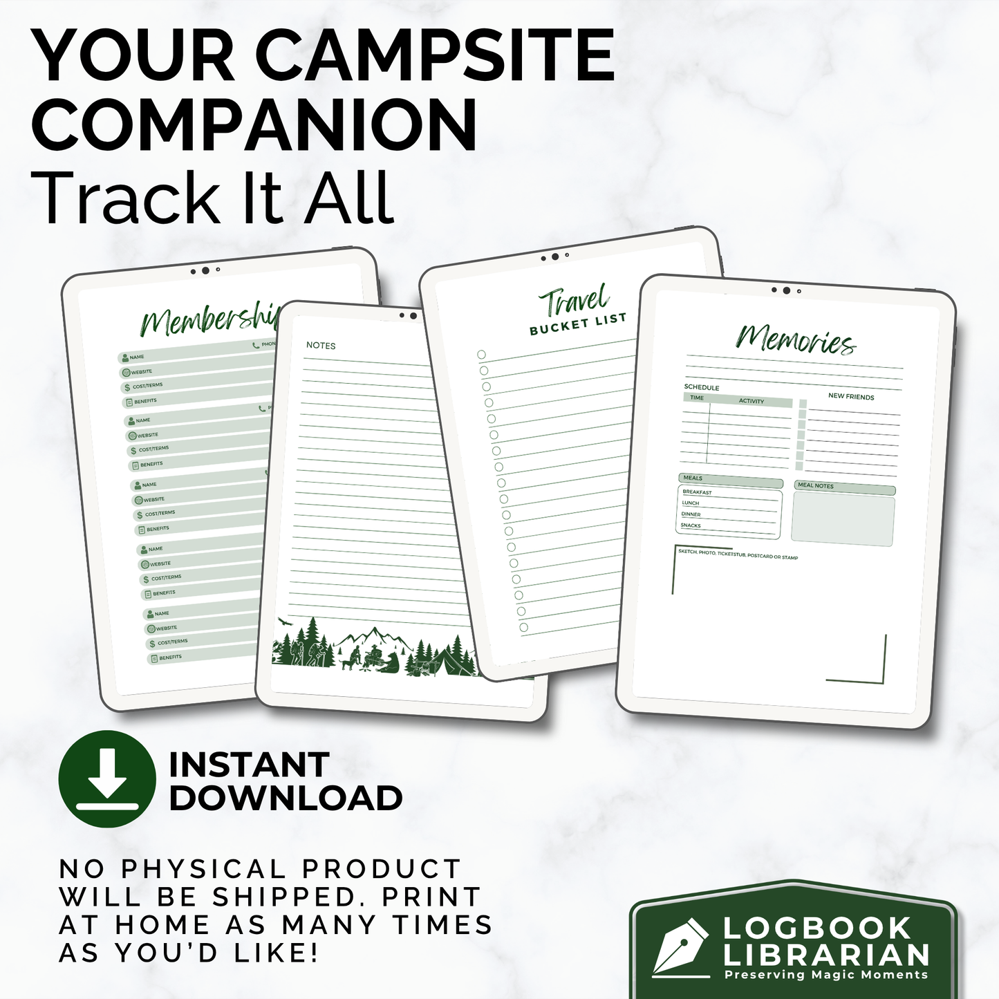 Printable camping journal PDF with campsite tracker, RV logbook, travel journal, meal planner, camping gear checklist, packing list, and expense tracker. Instant download for RV owners, tent campers, and full-time travelers. Digital logbook for documenting campground stays, outdoor adventures, and road trip memories. Includes multiple cover designs, reusable format, and print-at-home pages. Great camper gift or trip planner.
