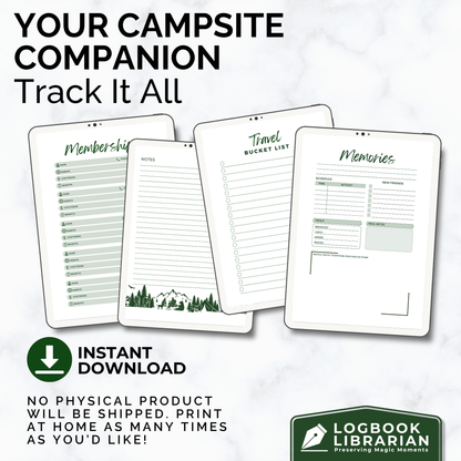 Printable camping journal PDF with campsite tracker, RV logbook, travel journal, meal planner, camping gear checklist, packing list, and expense tracker. Instant download for RV owners, tent campers, and full-time travelers. Digital logbook for documenting campground stays, outdoor adventures, and road trip memories. Includes multiple cover designs, reusable format, and print-at-home pages. Great camper gift or trip planner.