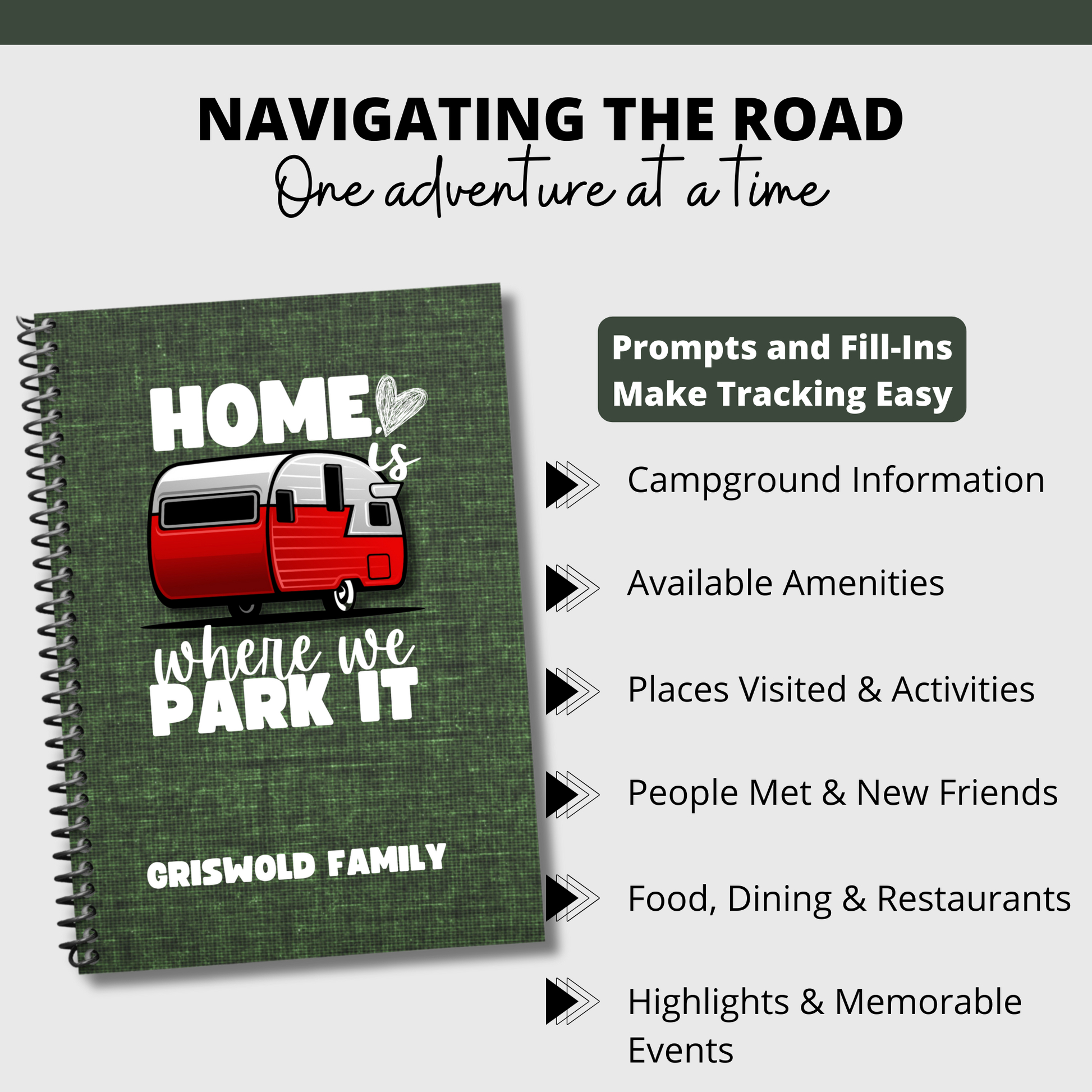 RV Journal Camping Logbook Travel Planner Camper Diary RV Adventure Road Trip Journal RV Gift Camping Checklist Campground Log Personalized Journal RV Maintenance Log Travel Logbook Custom RV Book