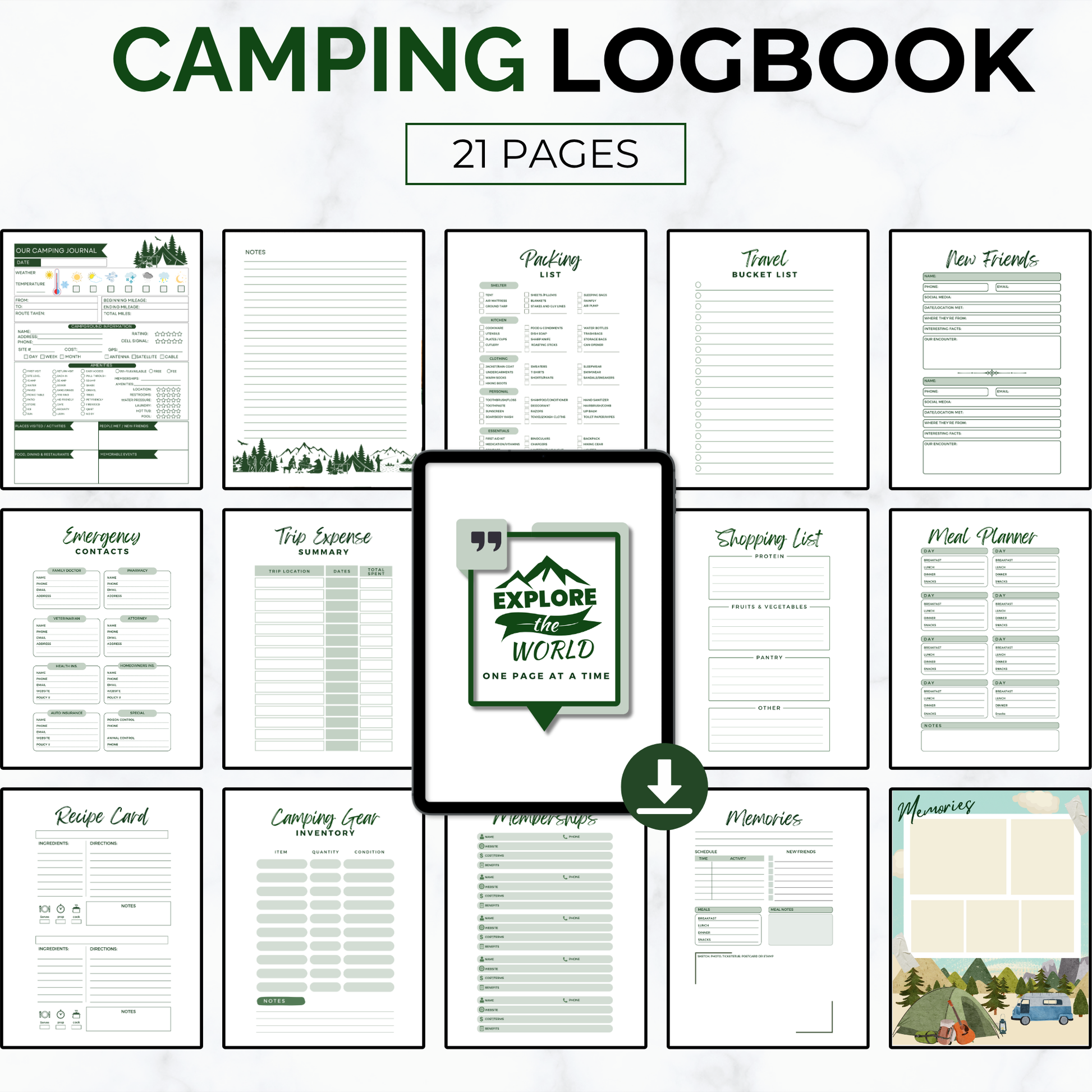 Printable camping journal PDF with campsite tracker, RV logbook, travel journal, meal planner, camping gear checklist, packing list, and expense tracker. Instant download for RV owners, tent campers, and full-time travelers. Digital logbook for documenting campground stays, outdoor adventures, and road trip memories. Includes multiple cover designs, reusable format, and print-at-home pages. Great camper gift or trip planner.