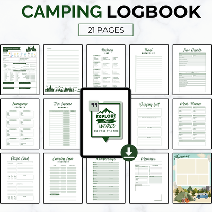 Printable camping journal PDF with campsite tracker, RV logbook, travel journal, meal planner, camping gear checklist, packing list, and expense tracker. Instant download for RV owners, tent campers, and full-time travelers. Digital logbook for documenting campground stays, outdoor adventures, and road trip memories. Includes multiple cover designs, reusable format, and print-at-home pages. Great camper gift or trip planner.
