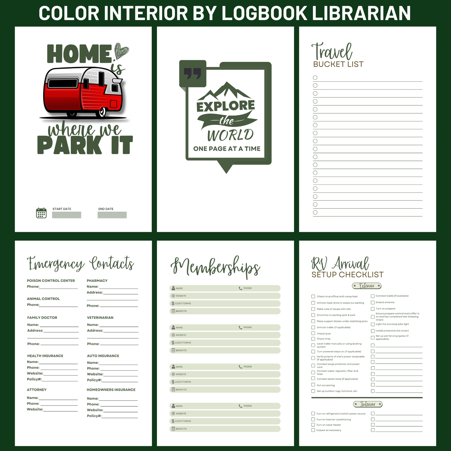 A collage of interior pages from the RV journal by Logbook Librarian. Pages include sections for travel bucket list, emergency contacts, memberships, RV setup checklist, packing list, maintenance checklist, expense tracker, and departure checklists. The design features green and brown tones with icons and fill-in sections.