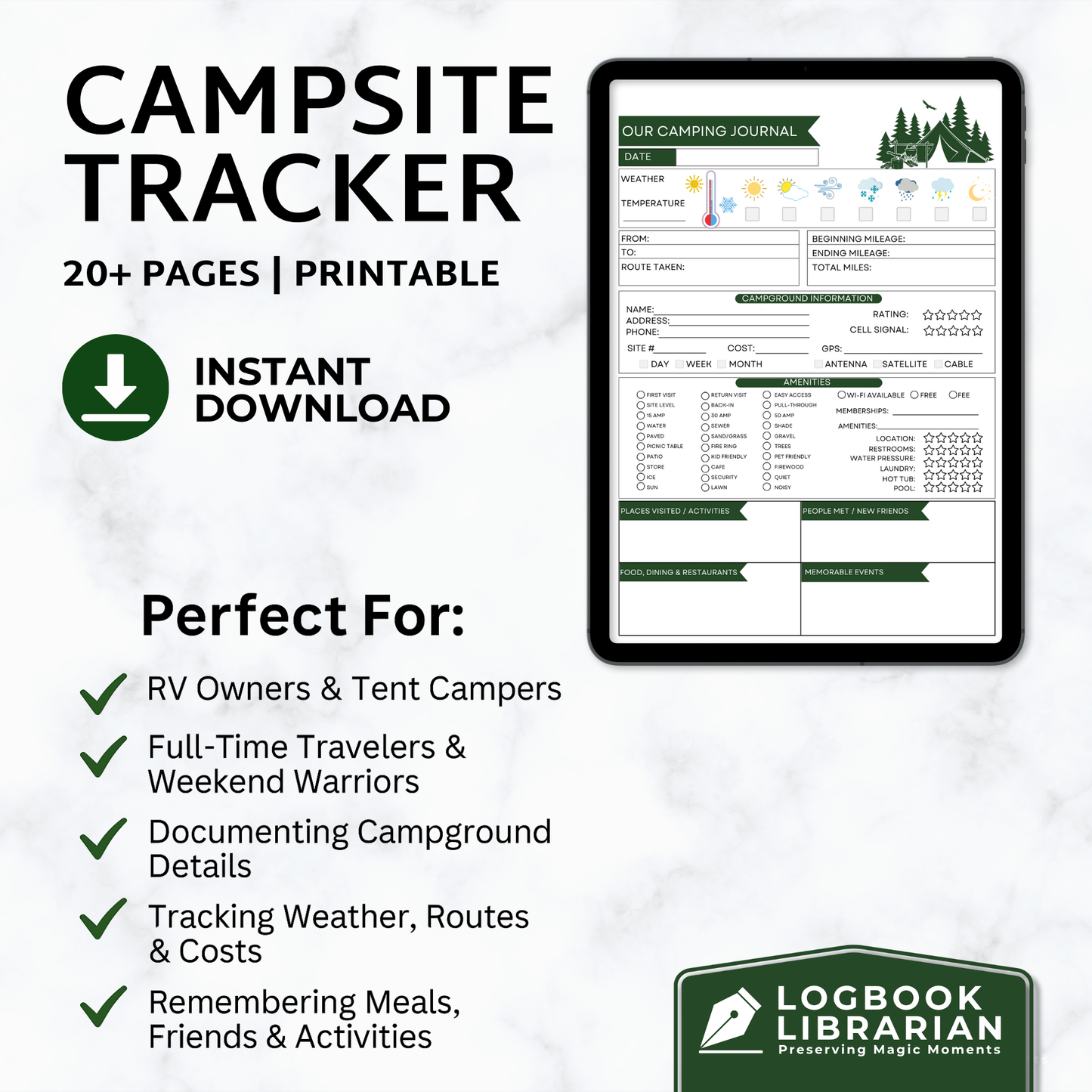 Printable camping journal PDF with campsite tracker, RV logbook, travel journal, meal planner, camping gear checklist, packing list, and expense tracker. Instant download for RV owners, tent campers, and full-time travelers. Digital logbook for documenting campground stays, outdoor adventures, and road trip memories. Includes multiple cover designs, reusable format, and print-at-home pages. Great camper gift or trip planner.