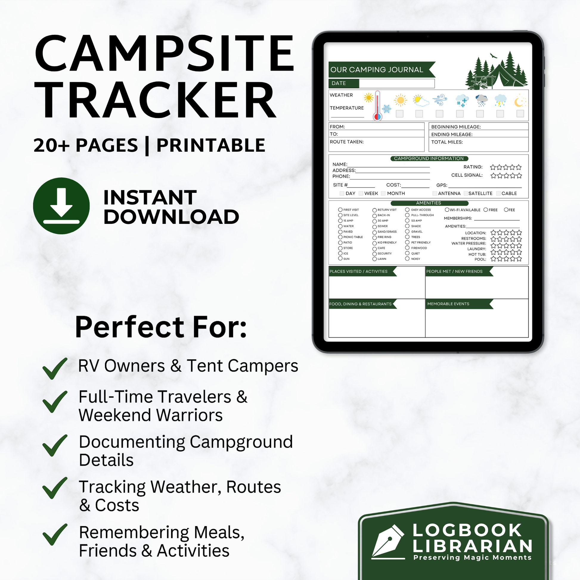 Printable camping journal PDF with campsite tracker, RV logbook, travel journal, meal planner, camping gear checklist, packing list, and expense tracker. Instant download for RV owners, tent campers, and full-time travelers. Digital logbook for documenting campground stays, outdoor adventures, and road trip memories. Includes multiple cover designs, reusable format, and print-at-home pages. Great camper gift or trip planner.