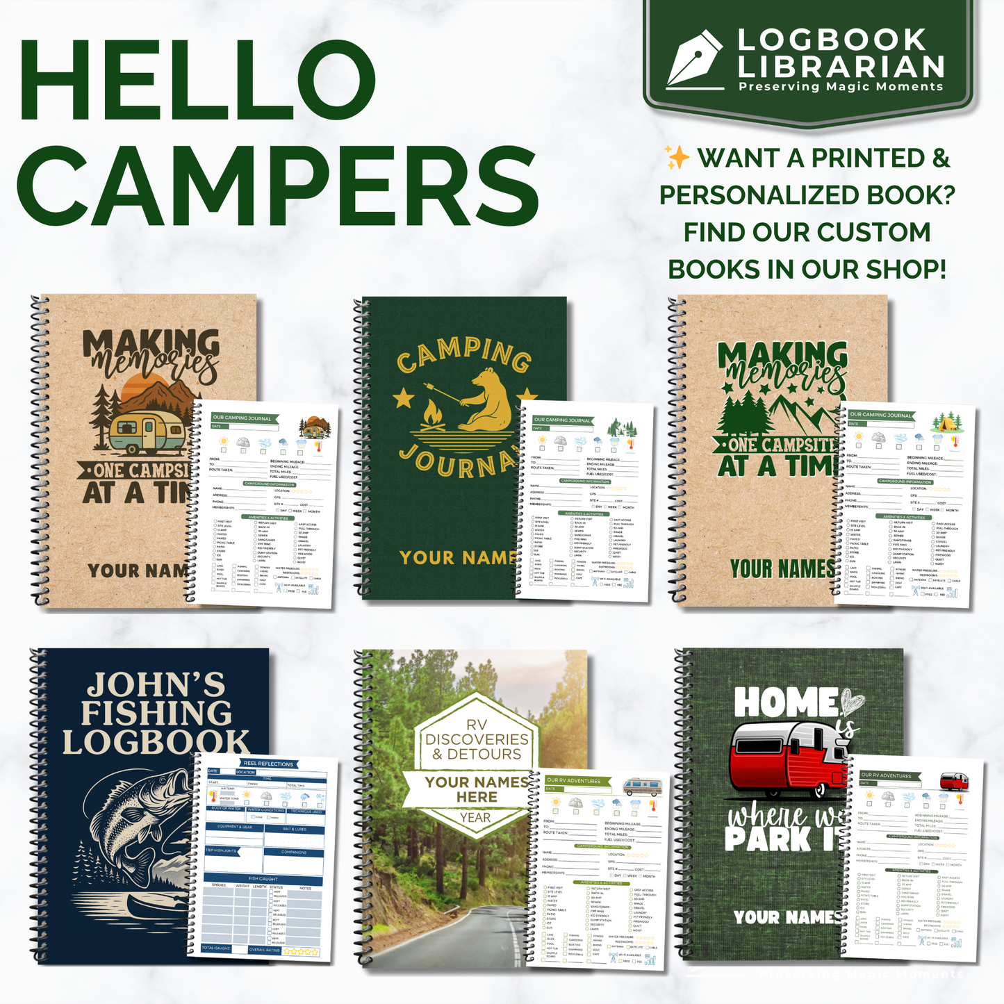 Printable camping journal PDF with campsite tracker, RV logbook, travel journal, meal planner, camping gear checklist, packing list, and expense tracker. Instant download for RV owners, tent campers, and full-time travelers. Digital logbook for documenting campground stays, outdoor adventures, and road trip memories. Includes multiple cover designs, reusable format, and print-at-home pages. Great camper gift or trip planner.