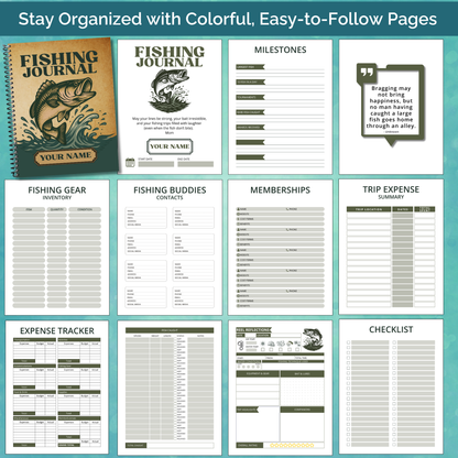Personalized fishing journal and logbook to record fishing trips, catches, locations, weather, gear, and memories – great gift for fishermen, bass fishing, saltwater fishing, and anglers of all levels.