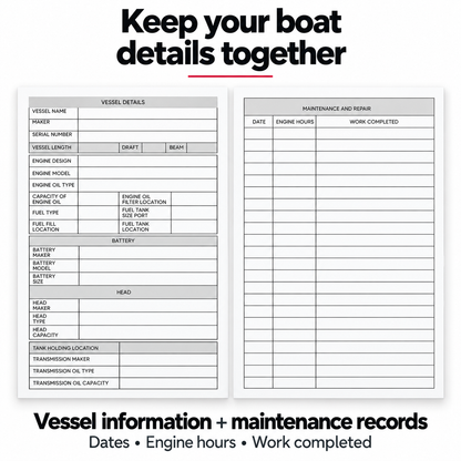 Captain’s logbook interior pages showing vessel details and a boat maintenance and repair log with columns for dates, engine hours, and work completed.