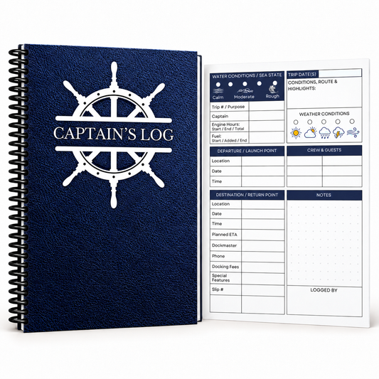 Captain’s Log spiral-bound guided boating logbook with blue nautical wheel cover and interior trip tracker page for recording routes, weather, water conditions, crew, fuel and notes.
