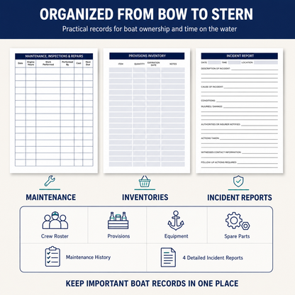 Boat logbook pages for maintenance and repair history, provisions inventory, equipment records, spare parts and detailed incident reports.
