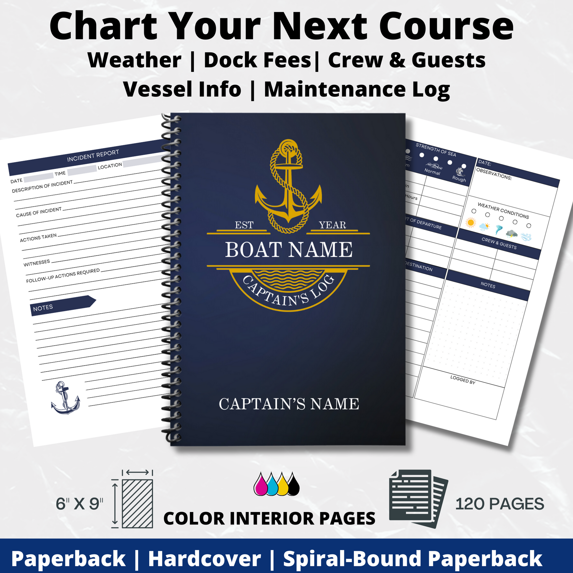 Custom captains logbook by Logbook Librarian with navy blue cover and gold anchor design. Interior pages include sections for weather, dock fees, crew and guests, vessel info, and maintenance log.