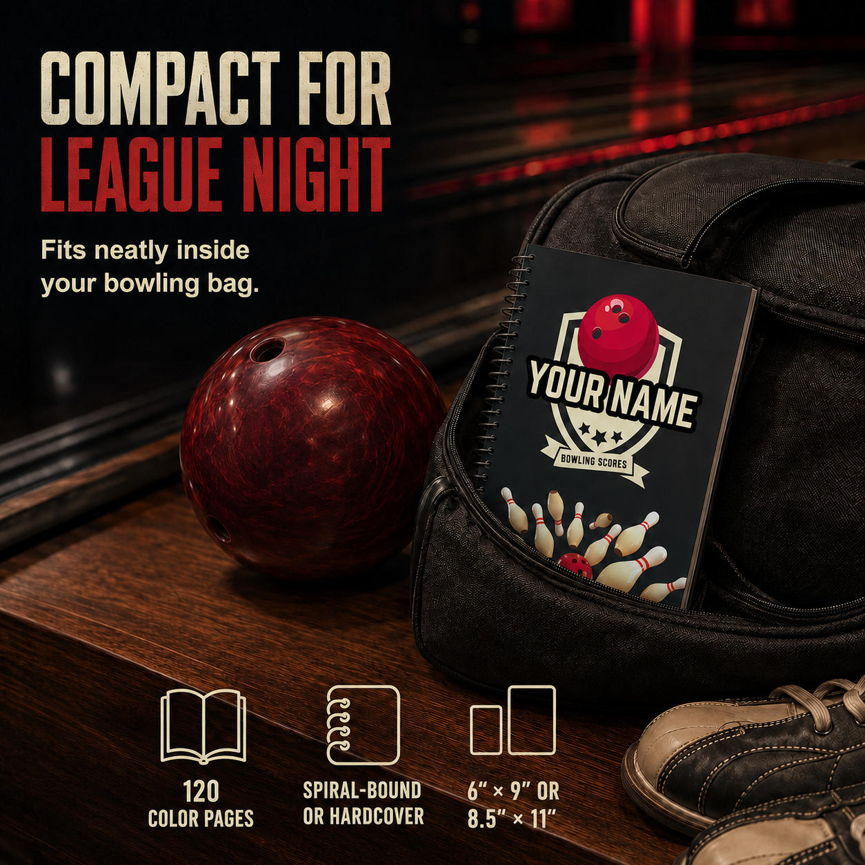 Personalized bowling score logbook with 120 color pages, spiral or hardcover binding, available in 6x9 and 8.5x11—compact and ready for league night.
