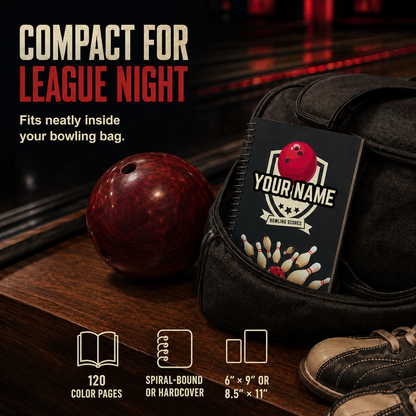 Personalized bowling score logbook with 120 color pages, spiral or hardcover binding, available in 6x9 and 8.5x11—compact and ready for league night.