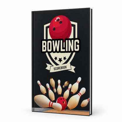 Black 6 x 9 hardcover bowling scorebook shown from the front at a slight angle, with a slim 120-page binding, white page edges, red bowling ball and bowling pins cover.