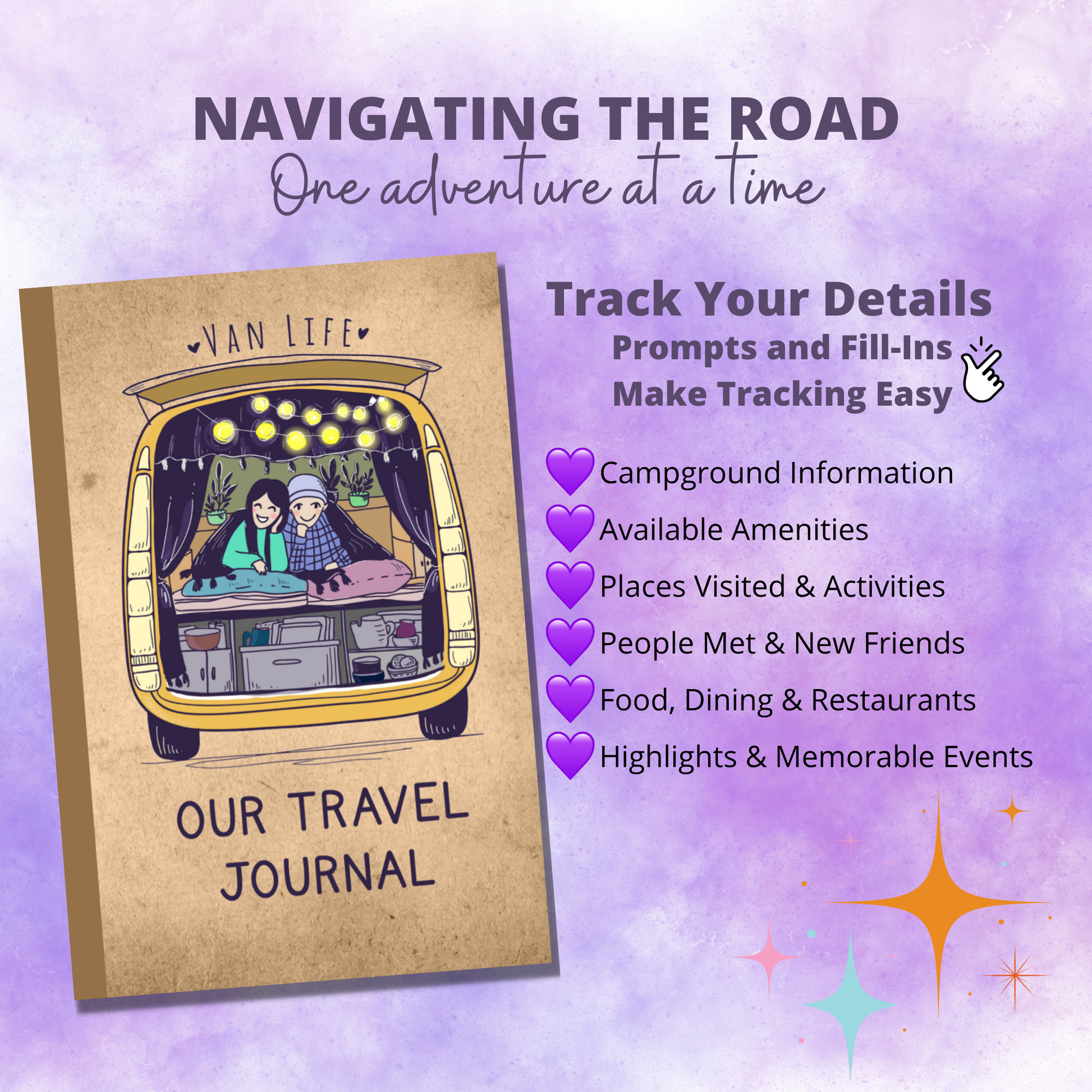Van Life Travel Journal with illustrated camper van cover and detailed trip planner pages to log campsites, activities, memories, and RV adventures.