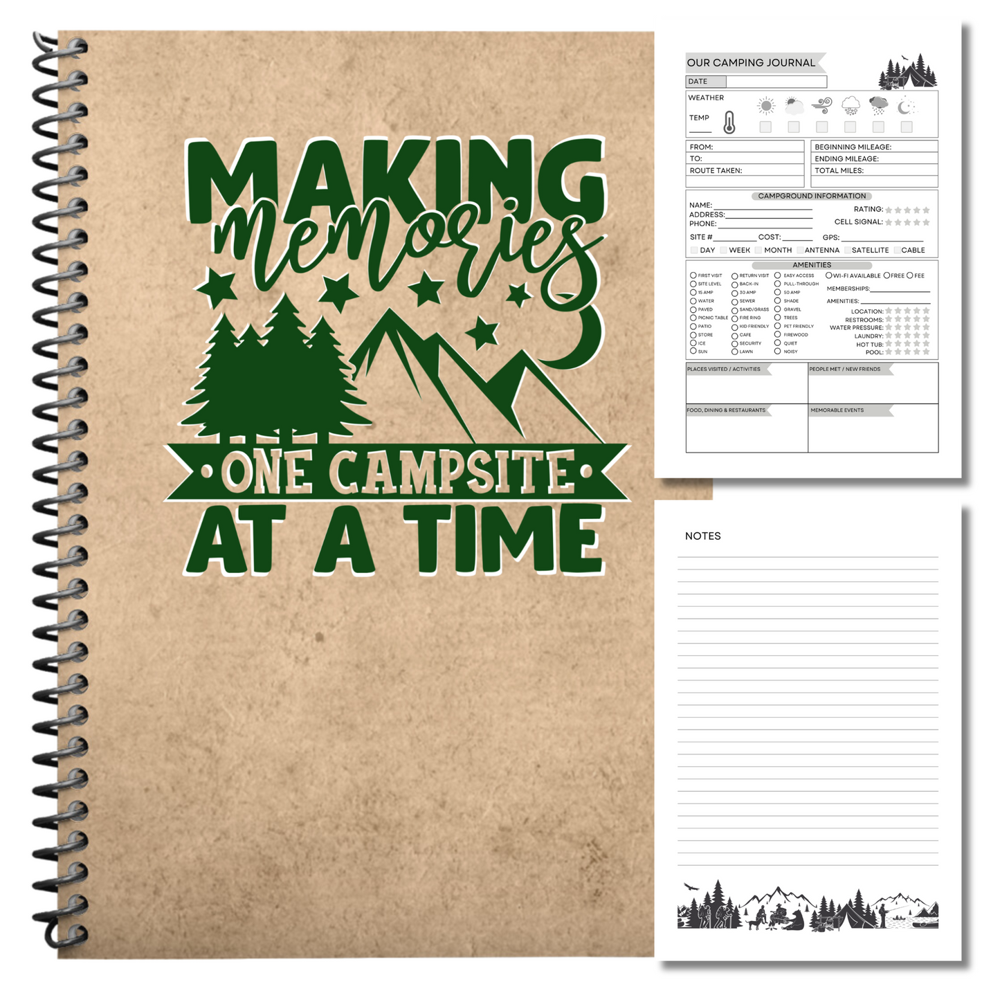 "Camping journal gift for campers - Making Memories One Campsite at a Time - spiral-bound travel log book"