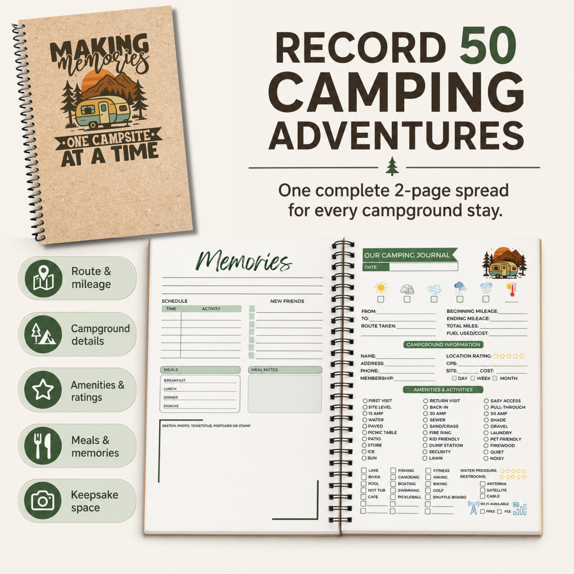 Spiral-bound 6 x 9 RV camping journal with 120 full-color pages, lay-flat binding, memory pages, and detailed campground tracking pages.