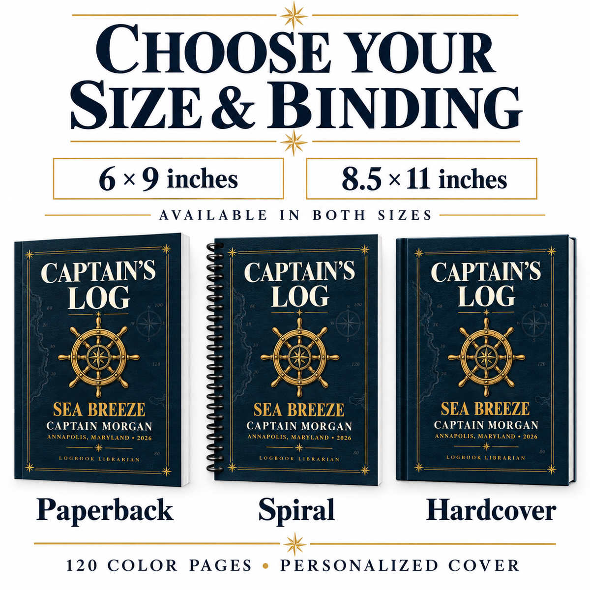 Promotional graphic for a personalized Captain's Log book set by Sea Breeze Library, showing three editions of the book: Paperback, Spiral, and Hardcover. The top of the graphic includes text reading 'CHOOSE YOUR SIZE & BINDING' with size options of 6 x 9 inches and 8.