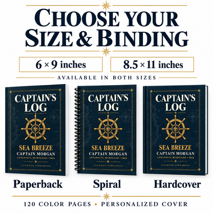 Promotional graphic for a personalized Captain's Log book set by Sea Breeze Library, showing three editions of the book: Paperback, Spiral, and Hardcover. The top of the graphic includes text reading 'CHOOSE YOUR SIZE & BINDING' with size options of 6 x 9 inches and 8.