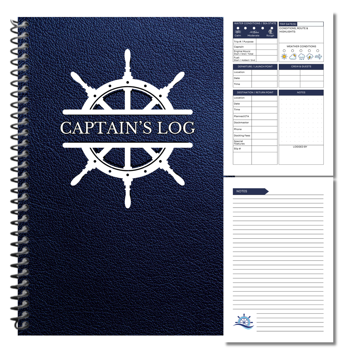 Spiral-bound Captain’s Logbook displayed with a gift box and nautical accents as a practical gift for boat owners, captains and new boat celebrations.