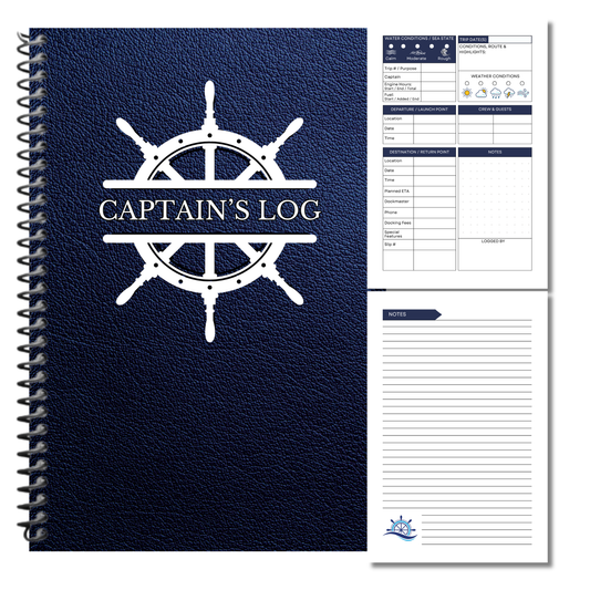 Spiral-bound Captain’s Logbook displayed with a gift box and nautical accents as a practical gift for boat owners, captains and new boat celebrations.