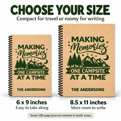 Two personalized camping journals compare the compact 6 x 9-inch size with the larger 8.5 x 11-inch size. Both have tan personalized covers, green woodland artwork and black coil binding, with the same 120-page journal content.