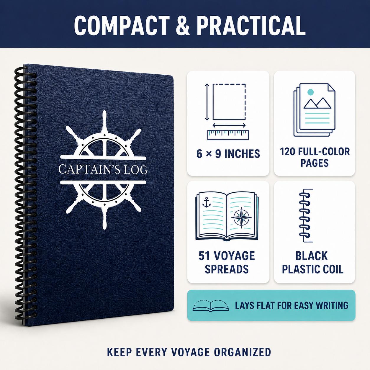 Compact 6 × 9 Captain’s Logbook with 120 full-color pages, 51 voyage spreads, black plastic coil and lay-flat writing design.