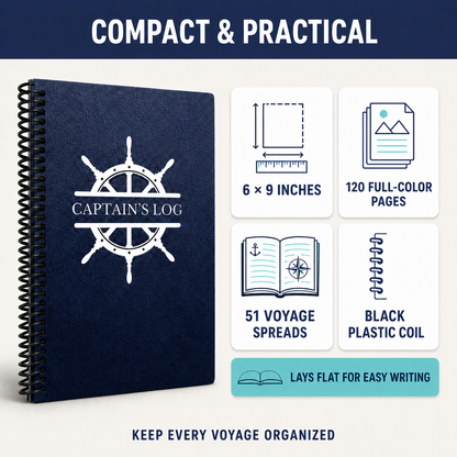 Compact 6 × 9 Captain’s Logbook with 120 full-color pages, 51 voyage spreads, black plastic coil and lay-flat writing design.