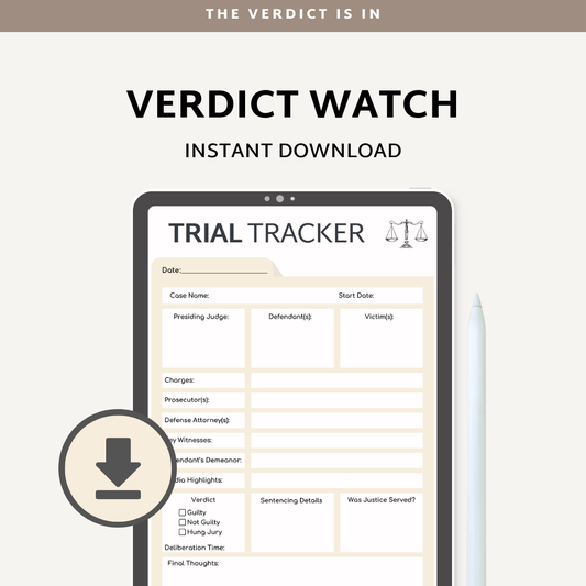 Legal case 
True crime checklist
Trial tracker
Verdict tracker 
Murder mystery
True Crime junkie
Crime documentary
Law and Order
Justice system
Court case
Court tv fan
Law student
Criminal justice