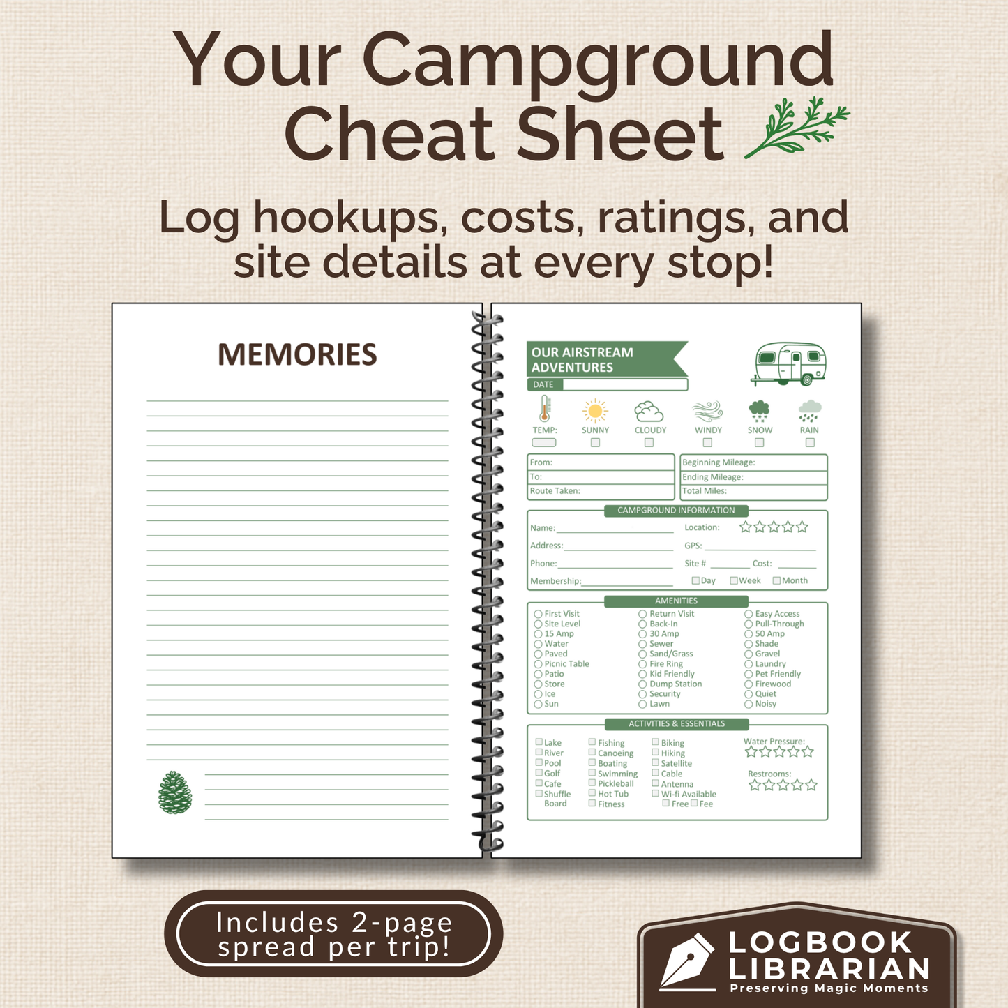 Capture every adventure in style with this Airstream RV Journal and Camping Logbook. Easily record campsite details, track mileage, plan meals, and document every RV trip. Thoughtfully designed with vintage-inspired details, this travel trailer memory book is the perfect keepsake for Airstream owners, full-time RVers, and camping enthusiasts who believe every mile is worth remembering.