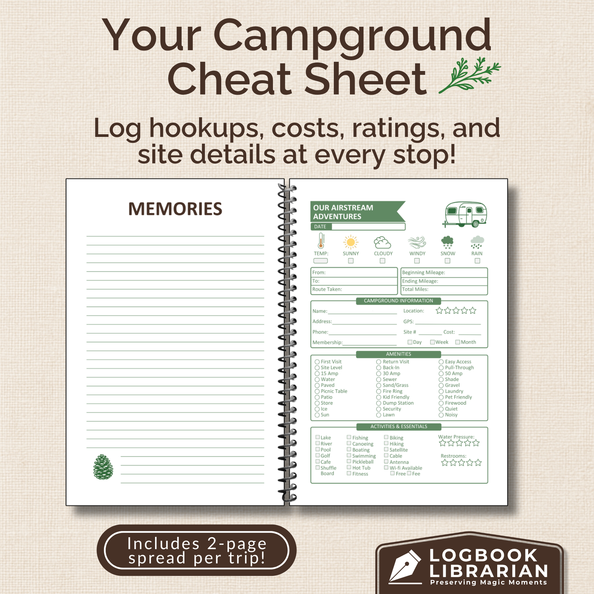 Capture every adventure in style with this Airstream RV Journal and Camping Logbook. Easily record campsite details, track mileage, plan meals, and document every RV trip. Thoughtfully designed with vintage-inspired details, this travel trailer memory book is the perfect keepsake for Airstream owners, full-time RVers, and camping enthusiasts who believe every mile is worth remembering.