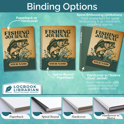 Personalized fishing journal and logbook to record fishing trips, catches, locations, weather, gear, and memories – great gift for fishermen, bass fishing, saltwater fishing, and anglers of all levels.