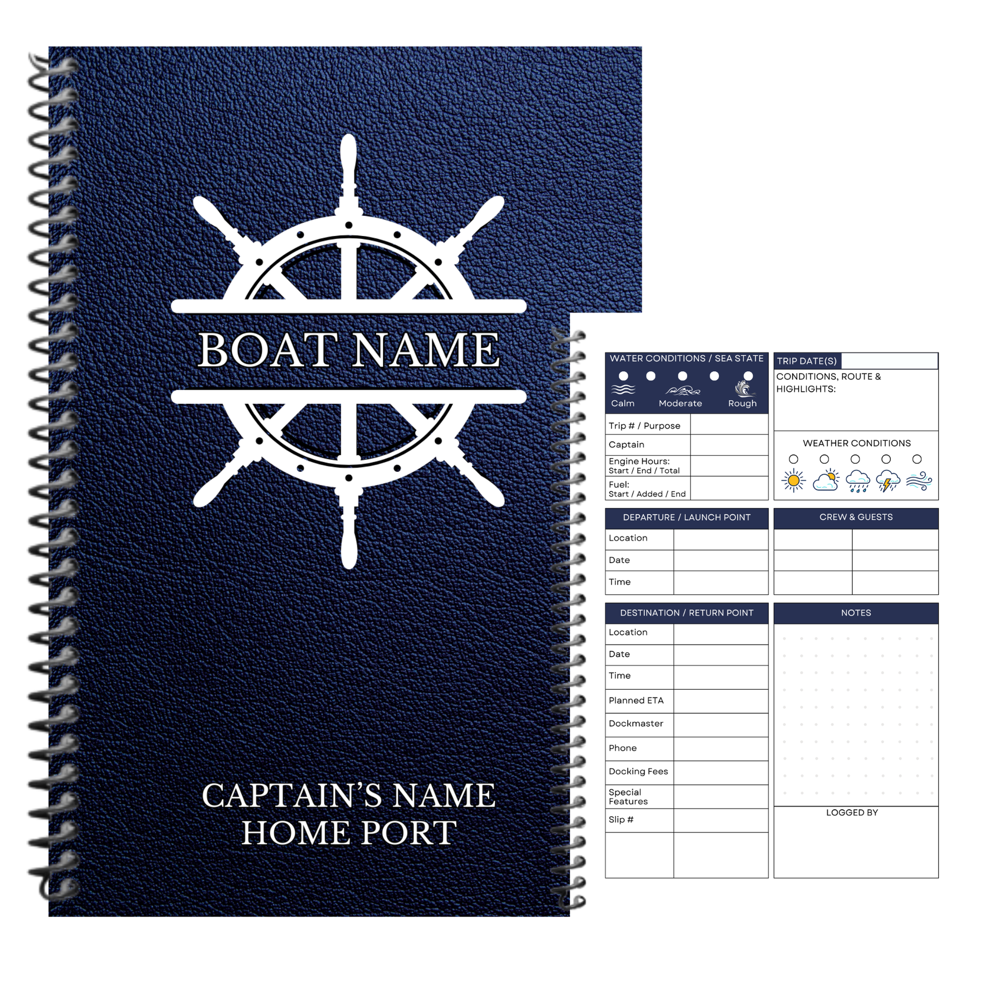 A navy blue spiral-bound notebook with a white ship's wheel graphic and the text 'BOAT NAME' on the cover, shown next to a printed log sheet template on a white background.