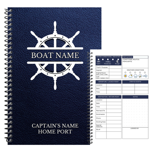A navy blue spiral-bound notebook with a white ship's wheel graphic and the text 'BOAT NAME' on the cover, shown next to a printed log sheet template on a white background.