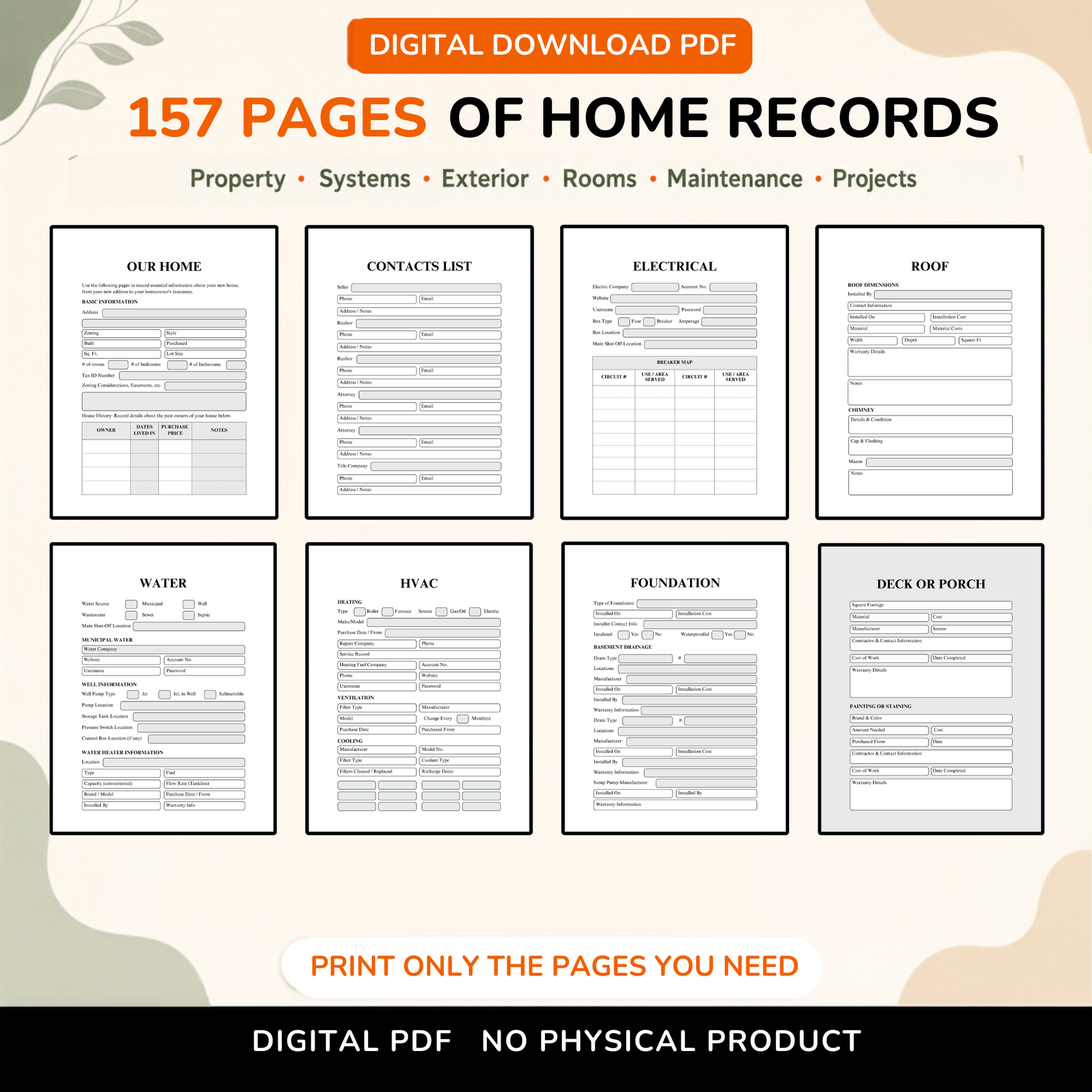Digital home maintenance planner with 157 printable pages for organizing property information, home systems, exterior areas, rooms, maintenance, repairs, and improvement projects. Print only the pages needed; no physical product.