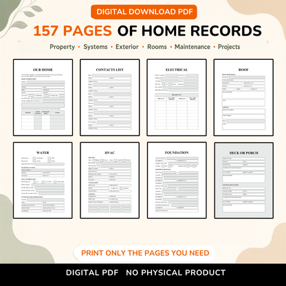 Digital home maintenance planner with 157 printable pages for organizing property information, home systems, exterior areas, rooms, maintenance, repairs, and improvement projects. Print only the pages needed; no physical product.