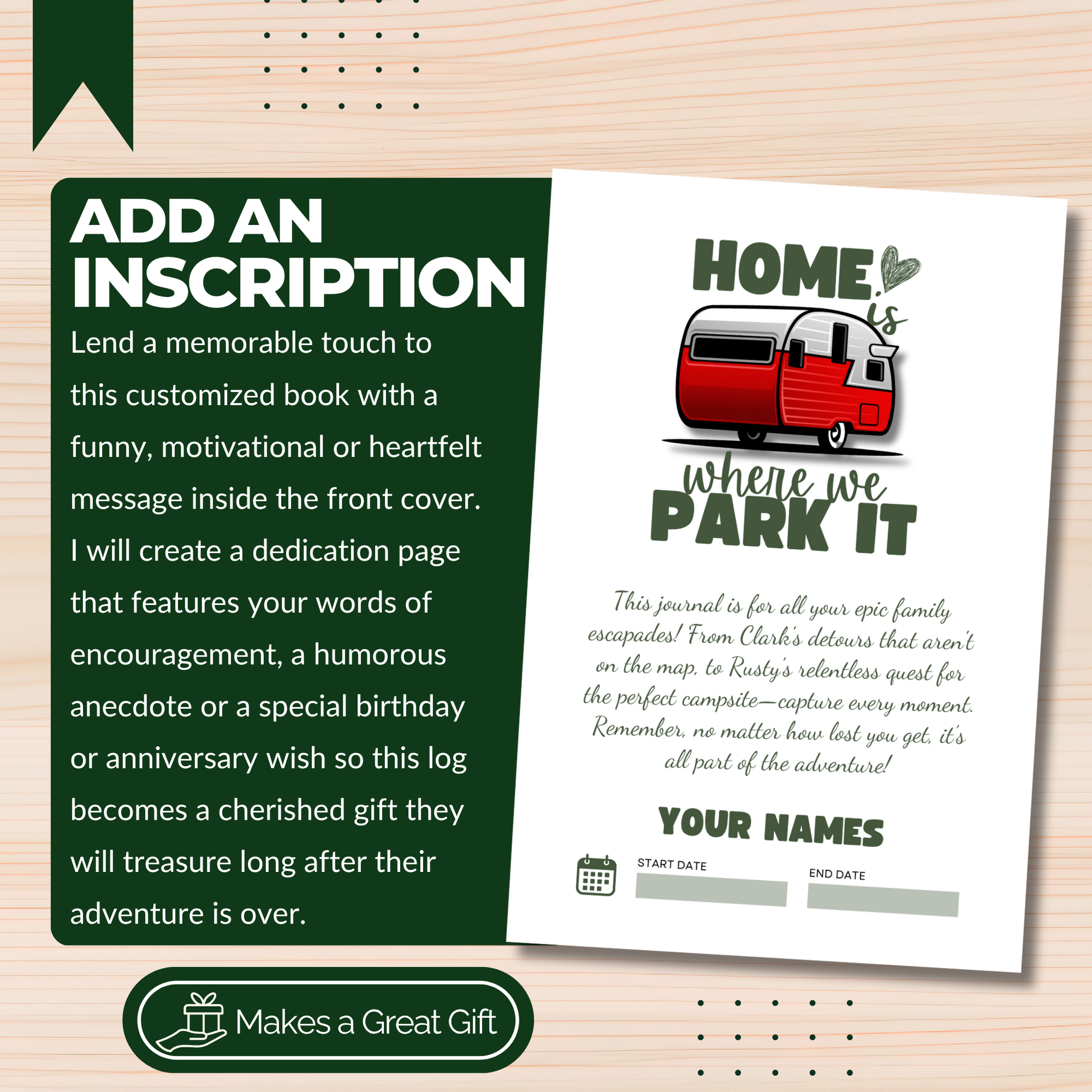 This RV travel journal and personalized road trip log book is perfect for RVers, campers, and motorhome owners who want to capture every adventure. Featuring detailed RV trip planner pages, campground logs, packing lists, checklists, and campsite trackers, this unique RV journal makes an ideal gift for couples, retirees, and anyone living the full-time RV lifestyle. Keep your memories organized and preserved in this custom RV log book 