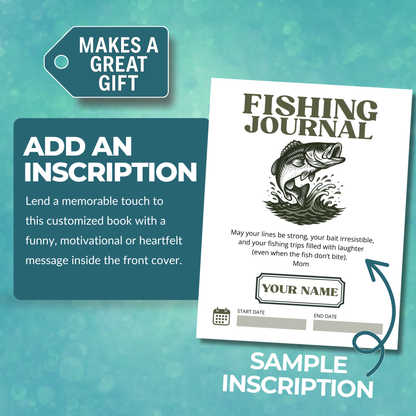 Personalized fishing journal and logbook to record fishing trips, catches, locations, weather, gear, and memories – great gift for fishermen, bass fishing, saltwater fishing, and anglers of all levels.