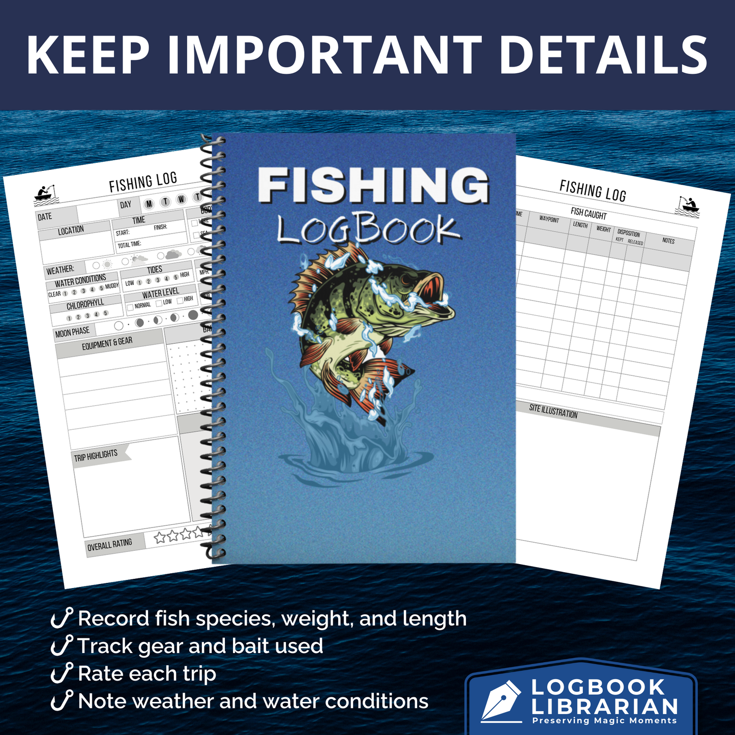 Fishing logbook journal with spiral binding, designed for anglers to record fishing trips, track catches, weather, water conditions, bait, gear, and trip highlights. Perfect tool for fishermen to preserve memories, improve success, and organize adventures. Makes a thoughtful fishing gift for dads, grandpas, and outdoor enthusiasts.