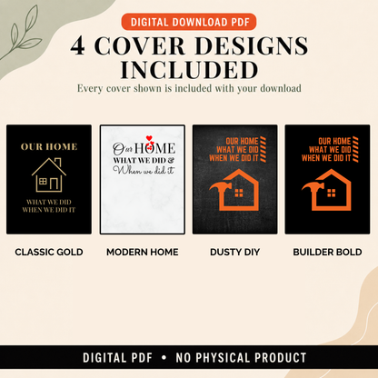 Digital home maintenance planner includes four printable cover designs: Dusty DIY, Builder Bold, Classic Gold, and Modern Home. Every cover shown is included; no physical product.