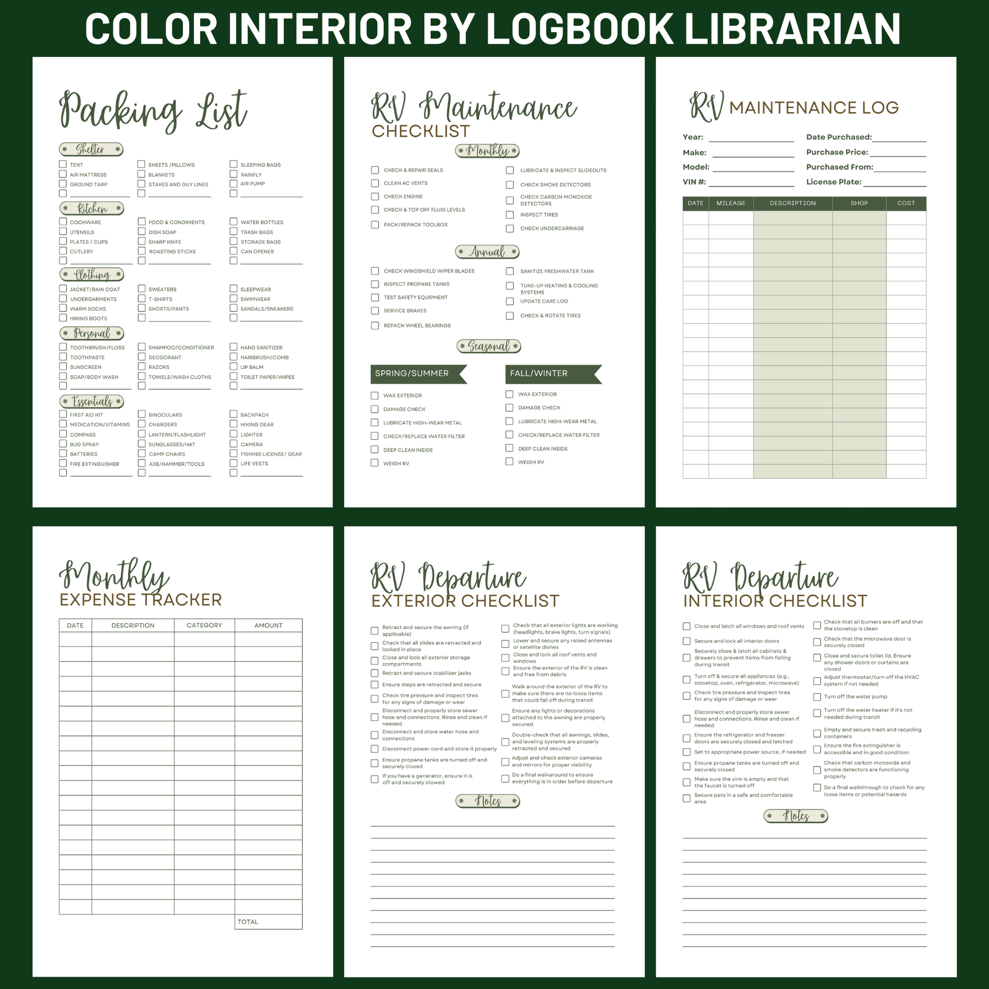 The journal pages are partially shown, highlighting sections for logging campsite information, amenities, activities, and memories. Text emphasizes the journal's features, such as keeping track of important details like bathroom facilities, electrical hookups, and daily rates.