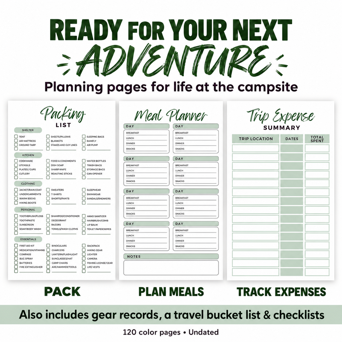 Camping journal interior previews show a packing checklist, meal planner and trip expense summary. Additional features include gear records, a travel bucket list and checklists within the 120-page undated color interior.