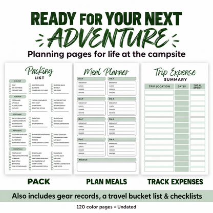 Camping journal interior previews show a packing checklist, meal planner and trip expense summary. Additional features include gear records, a travel bucket list and checklists within the 120-page undated color interior.
