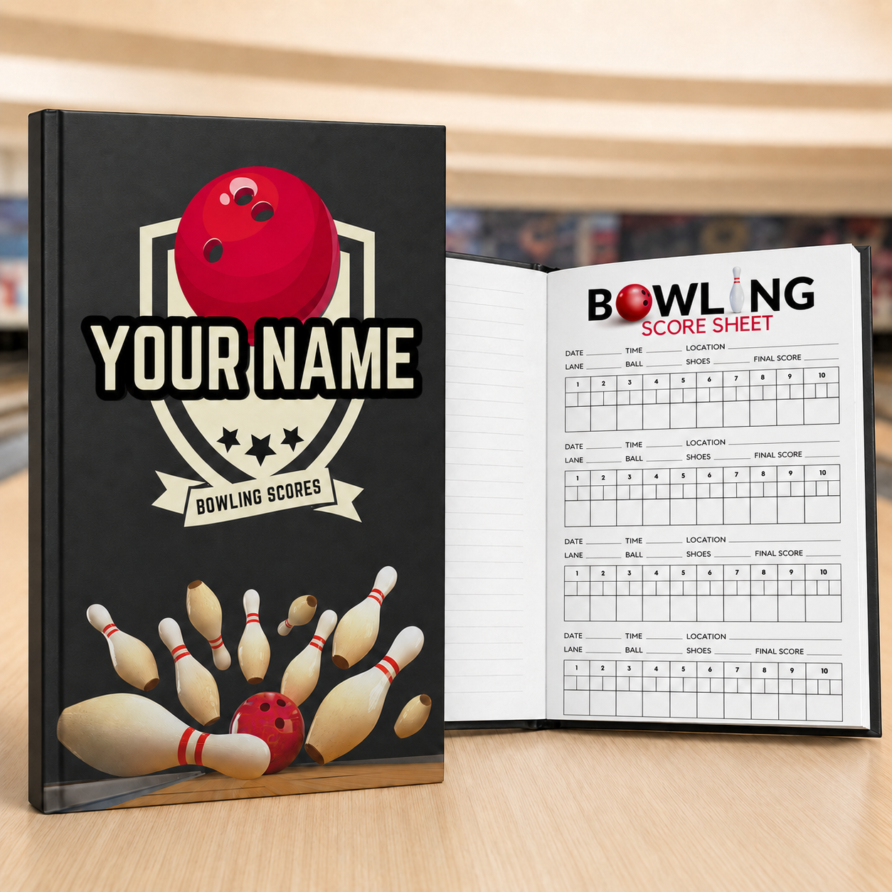Personalized hardcover bowling scorebook with a custom-name cover and an open interior score sheet featuring four traditional 10-frame bowling game grids.