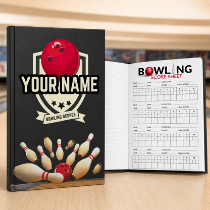 Personalized hardcover bowling scorebook with a custom-name cover and an open interior score sheet featuring four traditional 10-frame bowling game grids.