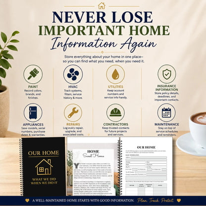Home Maintenance Logbook for homeowners to organize home repairs, maintenance records, appliance information, paint colors, contractor contacts, utility information, insurance details, inspection notes, remodeling projects, and home improvement history. This spiral-bound 6x9 home organizer helps keep important home records in one place and makes a thoughtful gift for new homeowners, first-time home buyers, housewarming celebrations, and Realtor closing gifts.