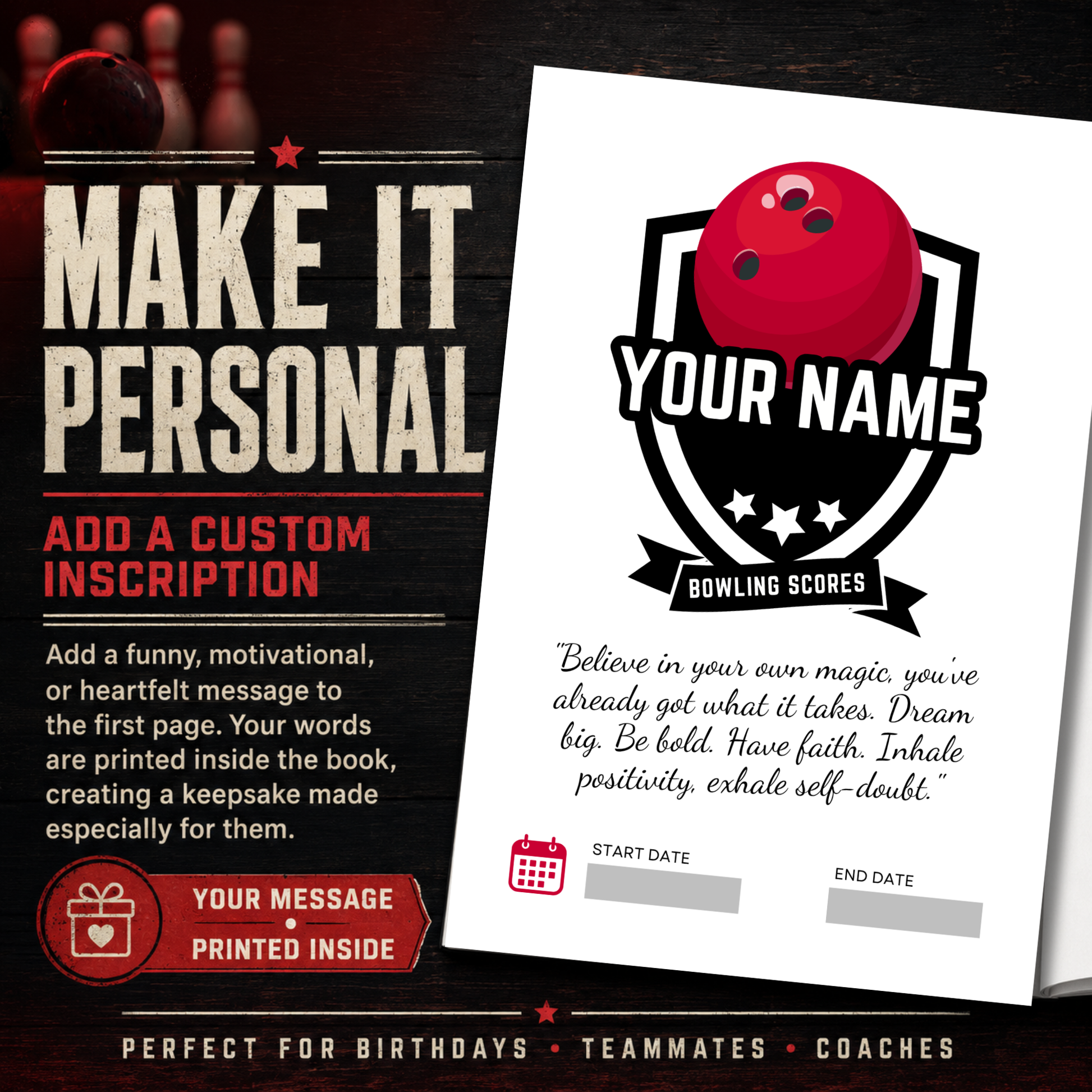 Personalized bowling scorebook inscription page with a custom name and heartfelt message printed inside—perfect for birthdays, teammates and coaches.