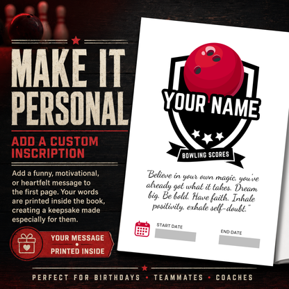Personalized bowling scorebook inscription page with a custom name and heartfelt message printed inside—perfect for birthdays, teammates and coaches.