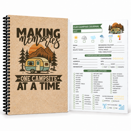 Spiral-bound camping journal with kraft-style “Making Memories” cover and guided interior tracker page for recording routes, mileage, campground details, amenities, weather, and trip memories.