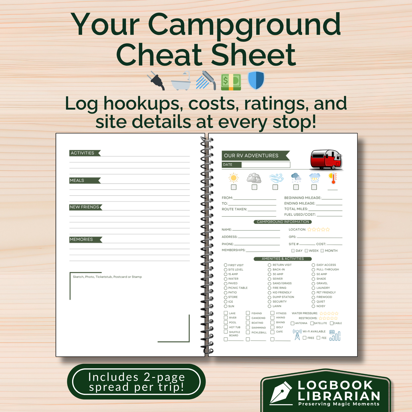This RV travel journal and personalized road trip log book is perfect for RVers, campers, and motorhome owners who want to capture every adventure. Featuring detailed RV trip planner pages, campground logs, packing lists, checklists, and campsite trackers, this unique RV journal makes an ideal gift for couples, retirees, and anyone living the full-time RV lifestyle. Keep your memories organized and preserved in this custom RV log book 