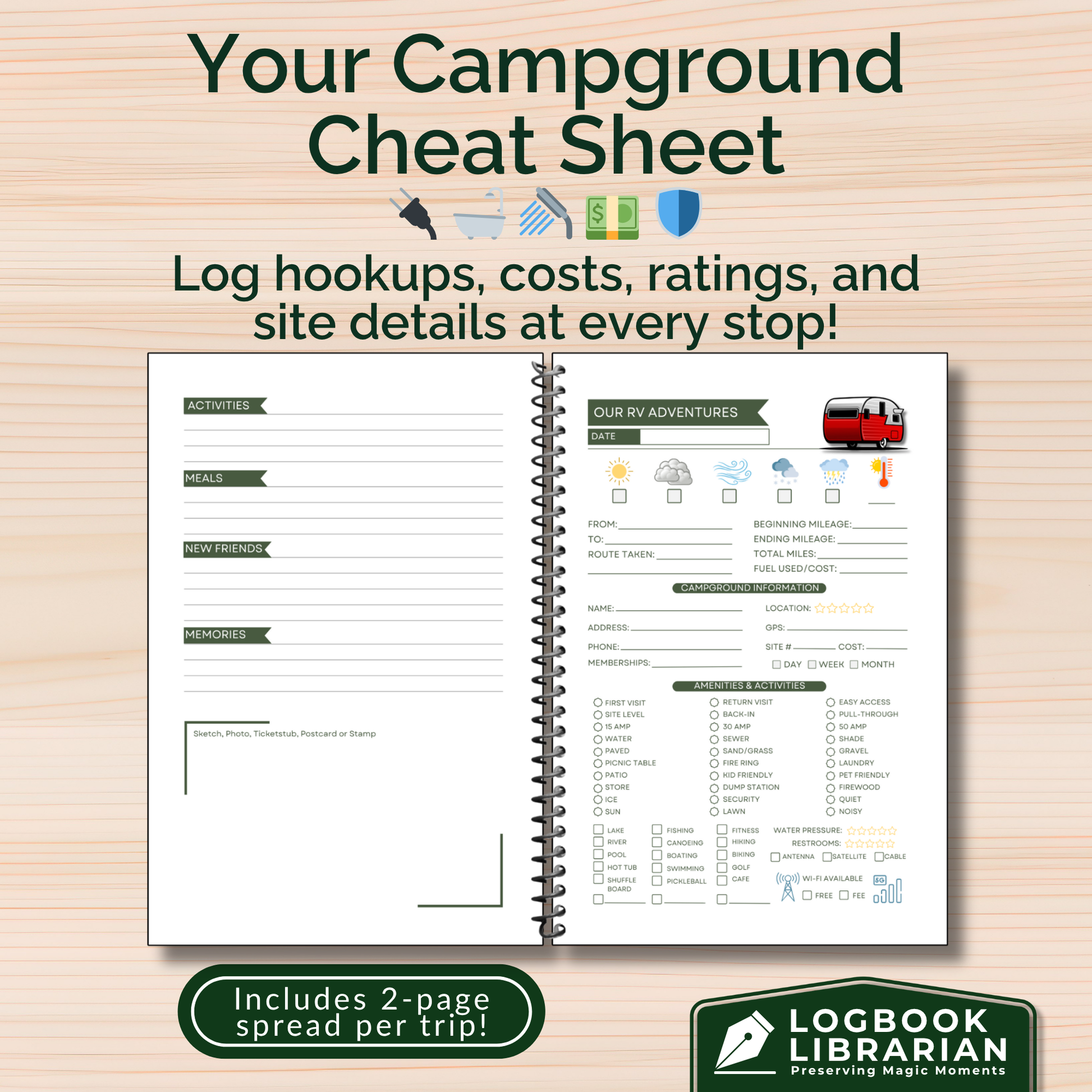 This RV travel journal and personalized road trip log book is perfect for RVers, campers, and motorhome owners who want to capture every adventure. Featuring detailed RV trip planner pages, campground logs, packing lists, checklists, and campsite trackers, this unique RV journal makes an ideal gift for couples, retirees, and anyone living the full-time RV lifestyle. Keep your memories organized and preserved in this custom RV log book 
